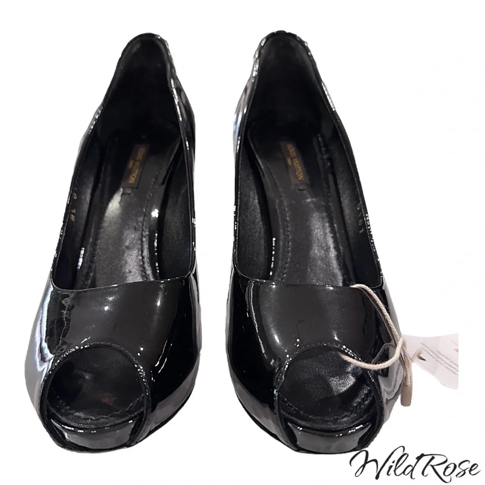 LOUIS VUITTON LV Gold Padlock Black Patent Oh Really Platform Peep Toe Pumps 38 - Picture 4 of 17
